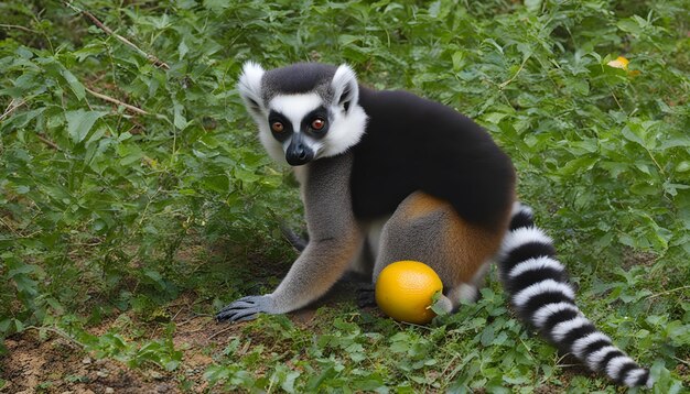 Photo a lemur is sitting on the ground with a ball