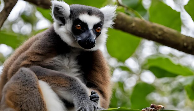 Photo a lemur is sitting on a tree branch and looking at the camera