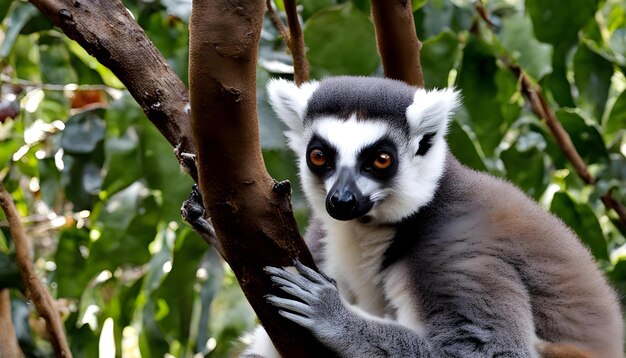 Photo a lemur is sitting on a tree branch and looking at the camera