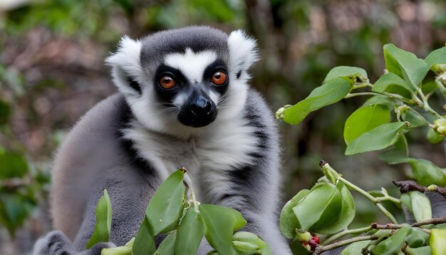 Photo a lemur is sitting in a tree with leaves