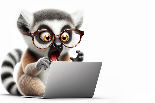 lemur met een bril en een verbaasde blik op zijn gezicht kijkt naar een laptop op een witte achtergrond