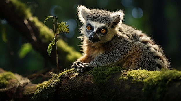 Foto lemur met opvallende ogen lount op een tak in het gevlekte zonlicht van een dicht oud regenwoud.