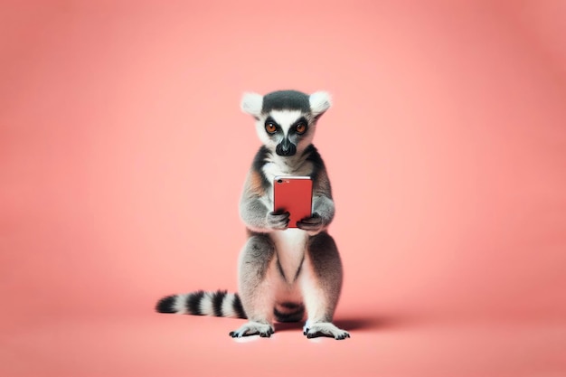 lemur met smartphone op een vaste achtergrond ai generatief