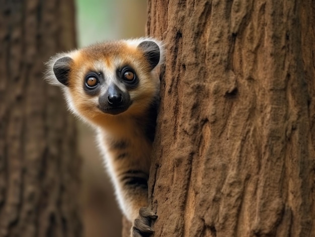 A lemur peeking out of a tree