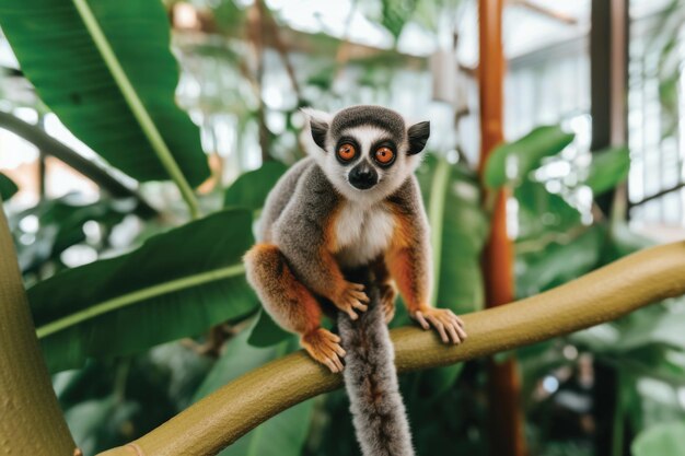 A lemur sits on a branch in a tropical greenhouse