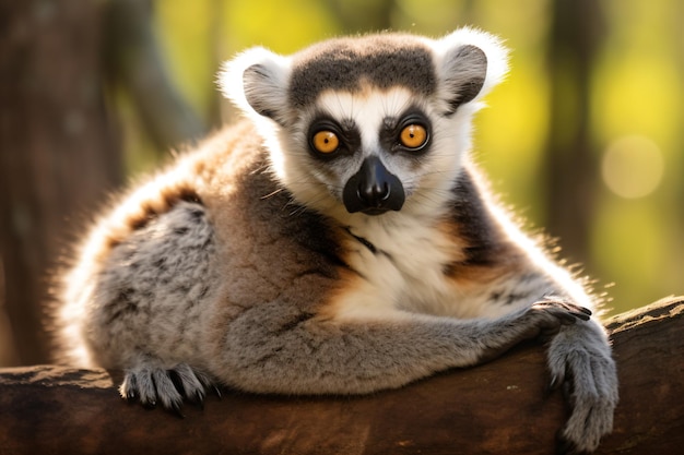 a lemur sitting on a log in the woods