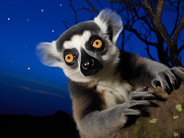 Lemur with its huge eyes gazing at the moonrise