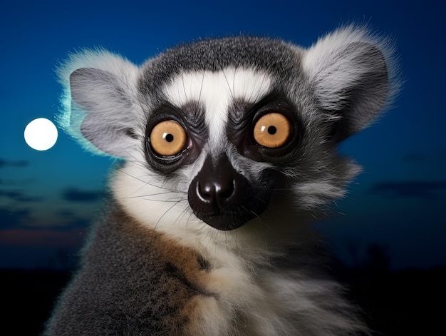 Photo lemur with its huge eyes gazing at the moonrise