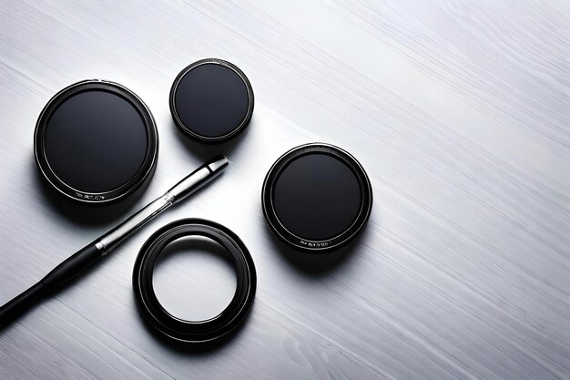 Photo lens filters in various sizes and types on a white background