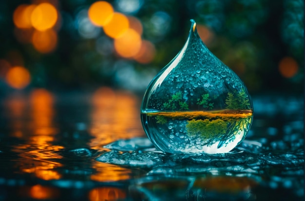 Lensball laying on the tree stump with autumn forest in the background