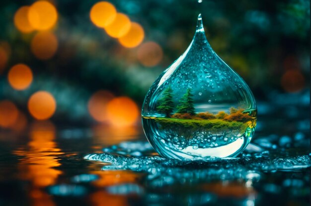 Lensball laying on the tree stump with autumn forest in the background