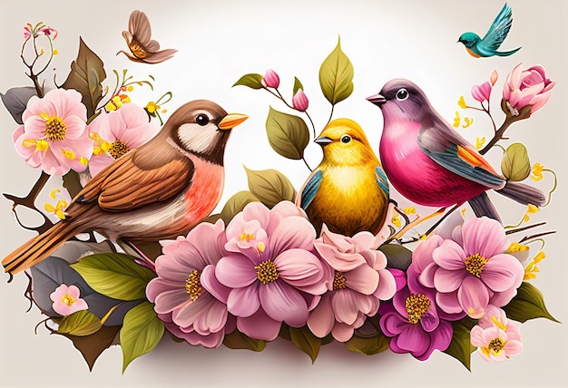 Lente achtergrond met vogels bloemen xAon de takken illustratie AI generatief