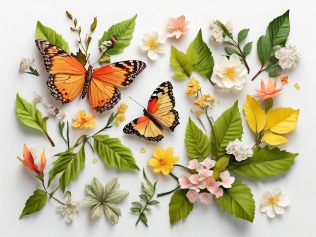 lente assortiment van bladeren bloemen en vlinders met een witte achtergrond AI gegenereerde afbeelding