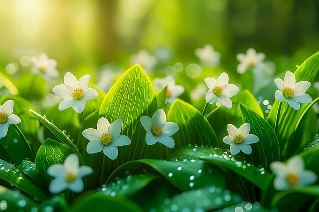 lente banier van vers groen gras en bloemen in de natuur vervaagde achtergrond ruimte voor tekst