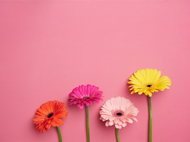 Lente bloemen bloei concept Vier bloemen in oranje fuchsia roze en gele kleuren met groene stengel geplaatst op verschillende hoogte op roze achtergrond Platte ontwerp bovenaanzicht kopie ruimte