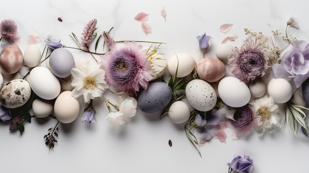 Lente bloemen eieren veren en geschenkdozen op lichtgrijze achtergrond