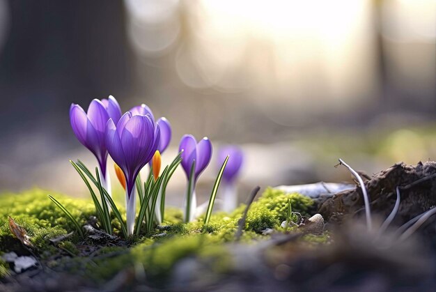 Foto lente bloemen in het gras lentebloemen in het bos lente krokusbloemen