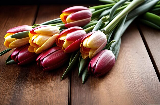 Lente bloemen tulpen banner kopie ruimte op houten achtergrond tafel roze rood geel boeket liggen