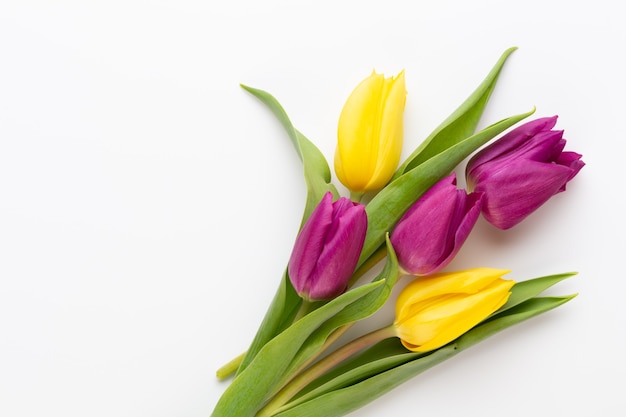 Lente bloemen. Tulpen op wit oppervlak.