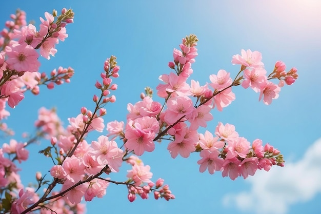 Lente bloemen vliegen op een blauwe achtergrond Mooie ptel roze bloemenarrangement Zomer behang