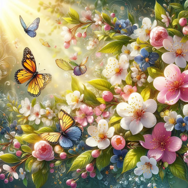 Lente bloesem achtergrond met vlinders en bloemen