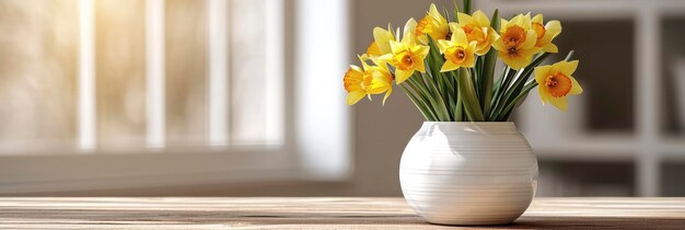 Lente boeket tulpen narcissen witte vaas banner afbeelding voor website achtergrond