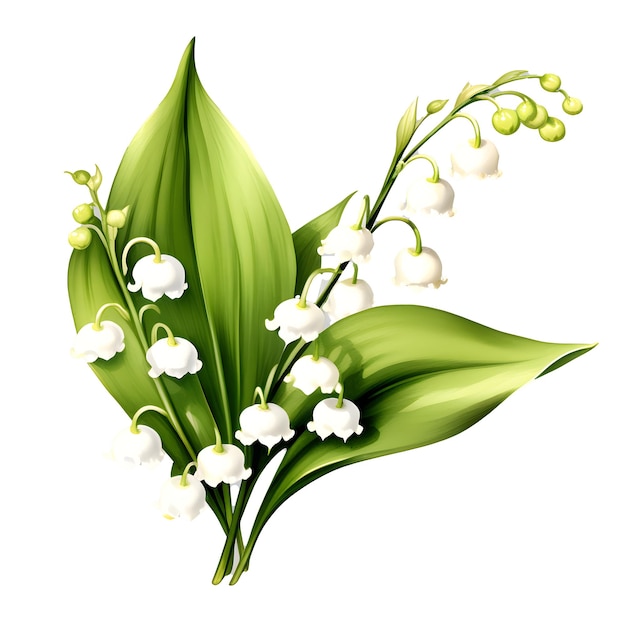 Foto lente boeket van witte lelies van de vallei bloemen en groene bladeren gebonden met wit lint afbeelding geïsoleerd op een witte achtergrond voor moederdag kaarten verjaardag kaarten bruiloft uitnodigingen