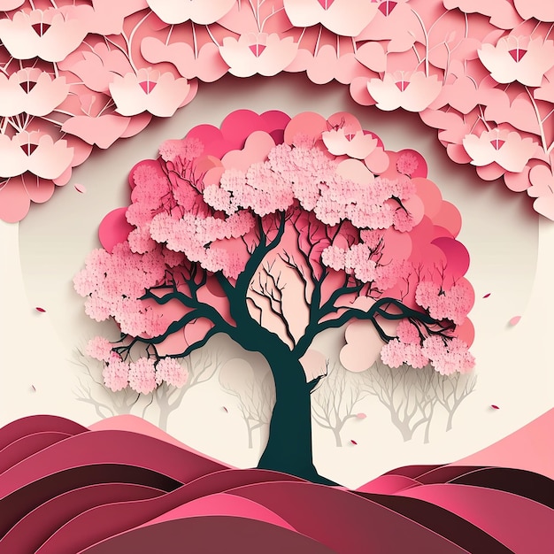 Lente boom met roze bloesem achtergrond in papier gesneden stijl generatieve AI