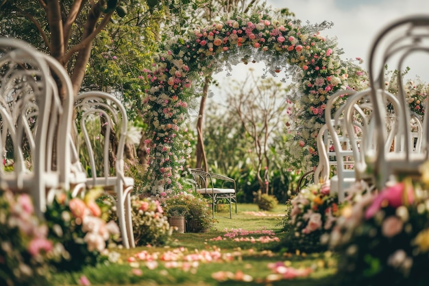 Lente bruiloft ceremonie instellingen in de tuin met bloemen