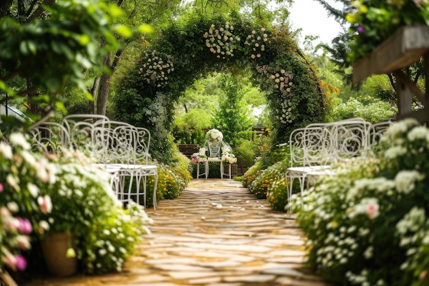 Lente bruiloft ceremonie instellingen in de tuin met bloemen