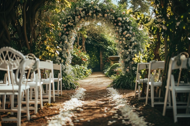 Lente bruiloft ceremonie instellingen in de tuin met bloemen