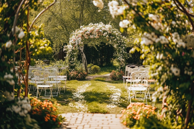 Lente bruiloft ceremonie instellingen in de tuin met bloemen