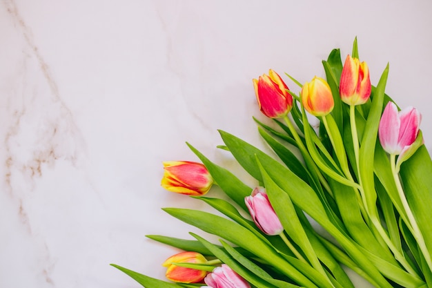 Lente concept. Roze en rode tulpen op marmeren achtergrond. Ruimte kopiëren, plat leggen.