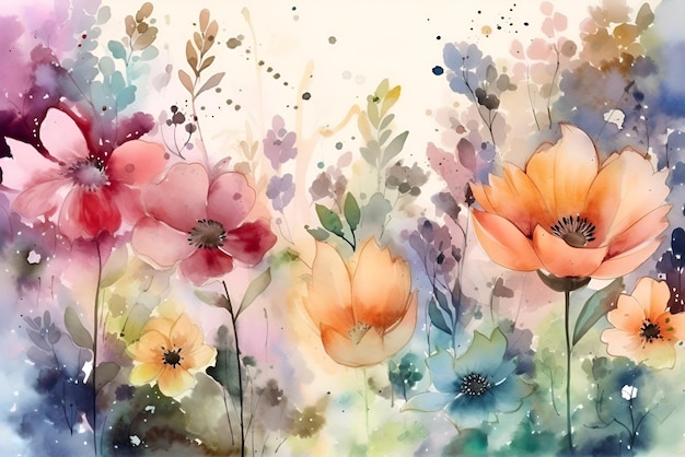 Lente en zomer wilde bloemen op het veld in aquarel Lente en zomer achtergrond Generatieve AI