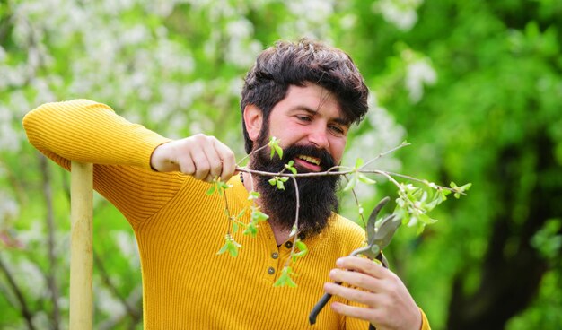 Lente gelukkige tuinman met tuinschaar snoeien planten snoeien boom