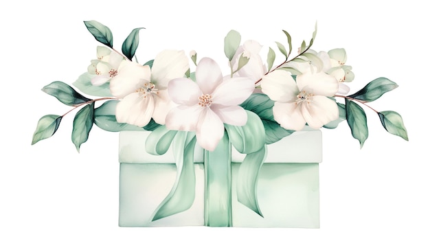 Lente geschenkdoos met witte bloemen en pastel lint illustratie