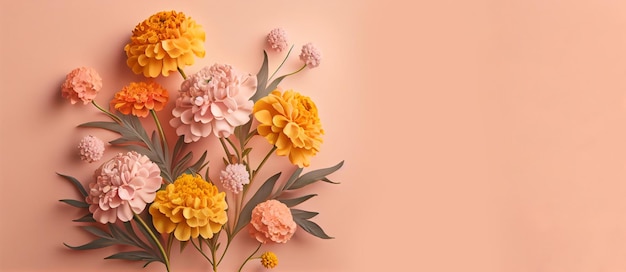 Lente goudsbloem bloemen op roze pastel achtergrond bovenaanzicht in plat lag stijl Groet voor Womens of Mothers Day of Spring Sale Banner Generative Ai