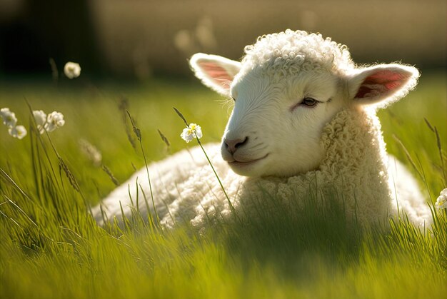 Foto lente lam met witte wol slaperig in de zon