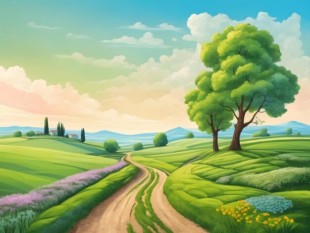 Lente landschap achtergrond met pad Illustratie van een cartoon lente- of zomerseizoen landschap