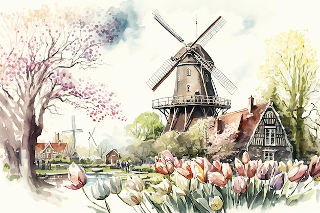 Lente landschap beroemde Keukenhof tuin generatieve ai