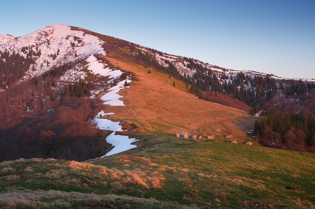 Lente landschap in de bergen. Avondlicht van de ondergaande zon. Laatste sneeuw op de berghellingen. Karpaten, Oekraïne, Europa