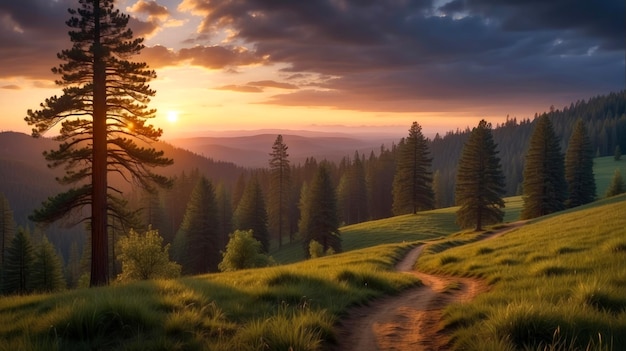 Lente landschap met weiden in de bergen en dennenbos omringd door natuurlijke lucht bij zonsondergang