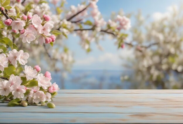 Lente mockup met houten bureau en bloeiende bomen