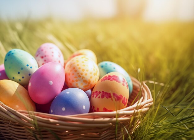 Lente paaseieren zoeken versierde eieren in de mand op groen gras