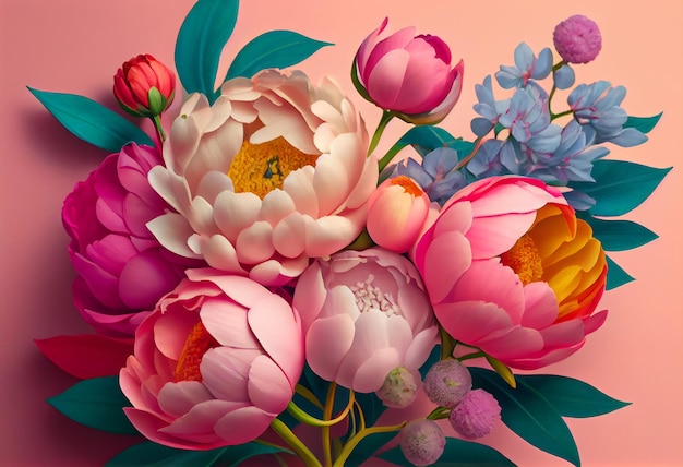 Lente pioen bloemen op roze pastel achtergrond bovenaanzicht in plat lag stijl Groet voor Womens of Mothers Day of Spring Sale Banner Generative Ai