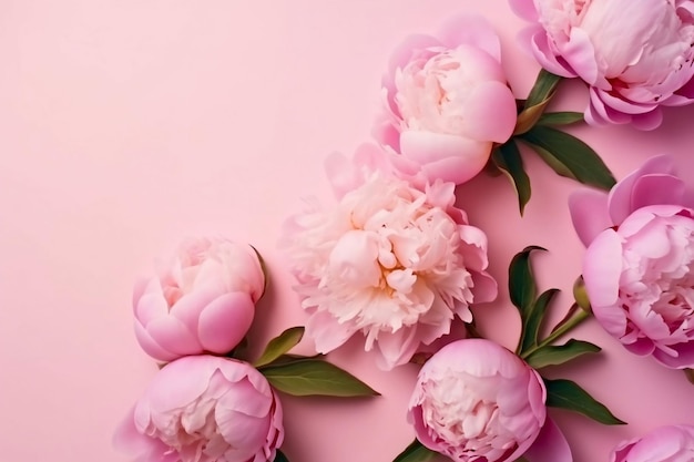 Lente pioenroos bloemen op roze pastel achtergrond bovenaanzicht in plat lag stijl Groet voor vrouwen