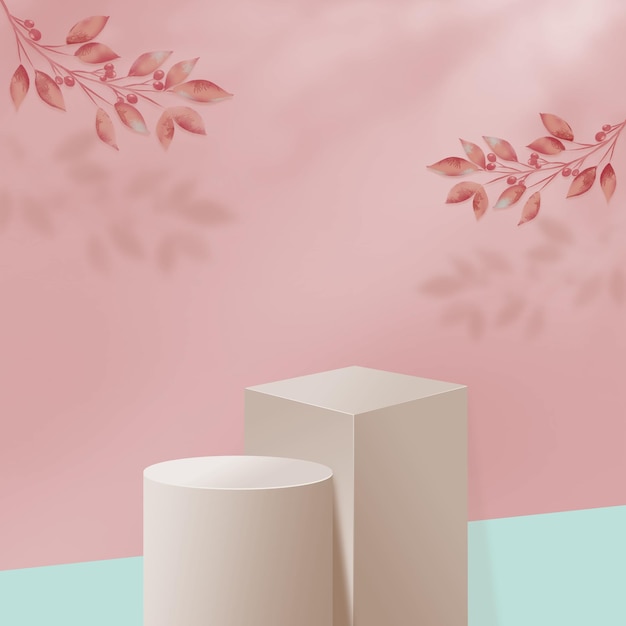 Lente roze en blauwe 3D vector product display achtergrond met bloem en plant