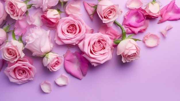 Lente rozen bloemen op violet pastel achtergrond