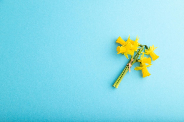 Lente sneeuwklokje narcissen bloemen boeket op blauwe pastel achtergrond bovenaanzicht kopie ruimte