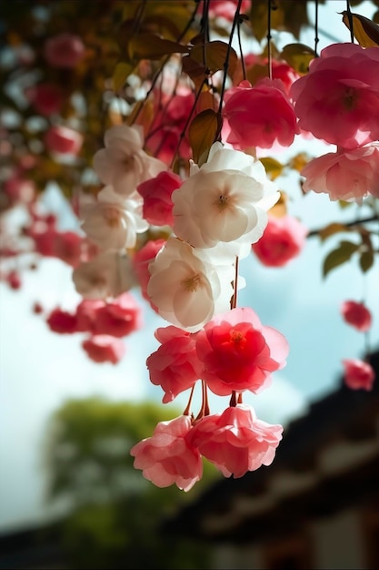Lente super echt veel roze en witte zijden crabapple bloemen hangen op de plank roze en witte bloemblaadjes blauwe lucht generat ai